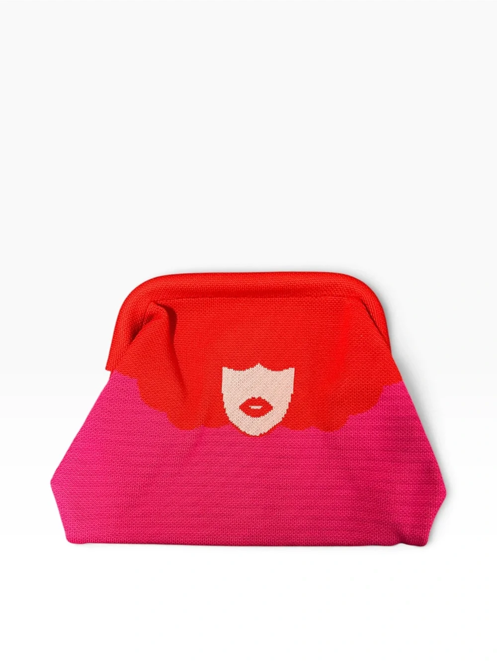 Graphic Red & Pink Knit Clutch with Face Motif